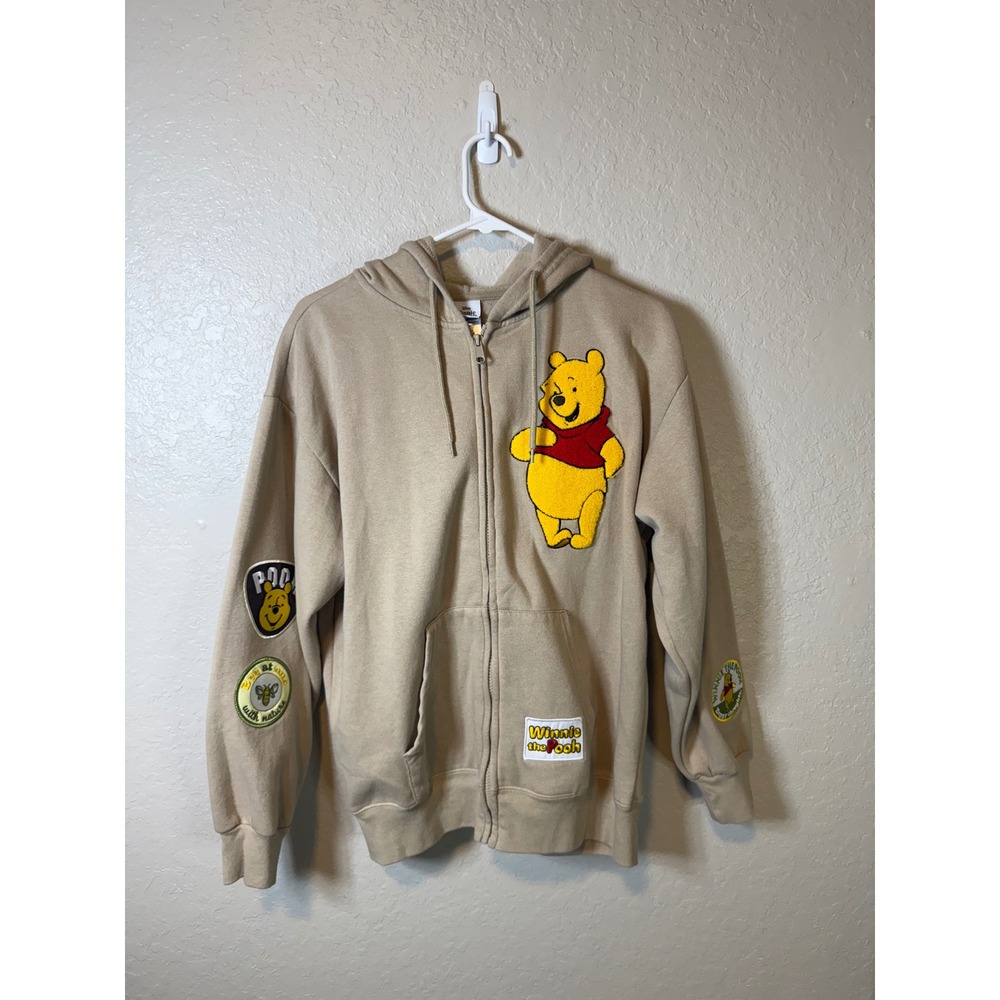 Disney Winnie the Pooh Zip Up Hoodie Patches Sand Beige Womens Medium
